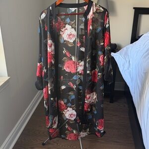 Floral Sheer Kimono Robe - Black and Red